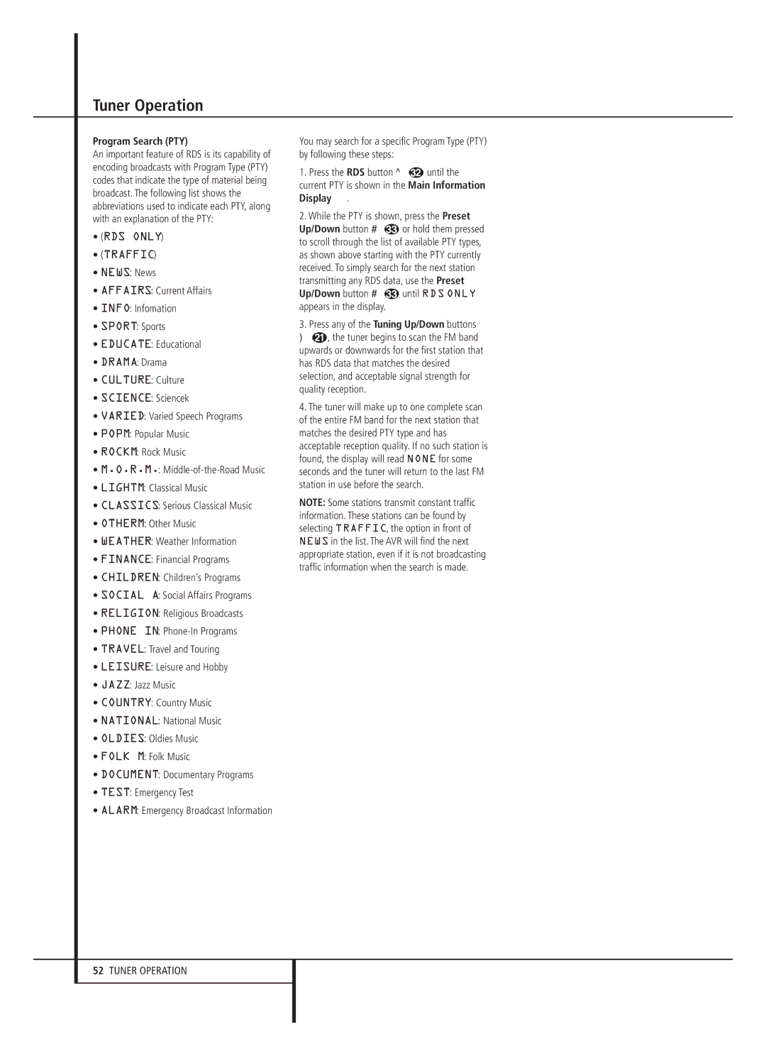 Harman-Kardon AVR 645 owner manual Program Search PTY, Up/Down button # until RDS only appears in the display 