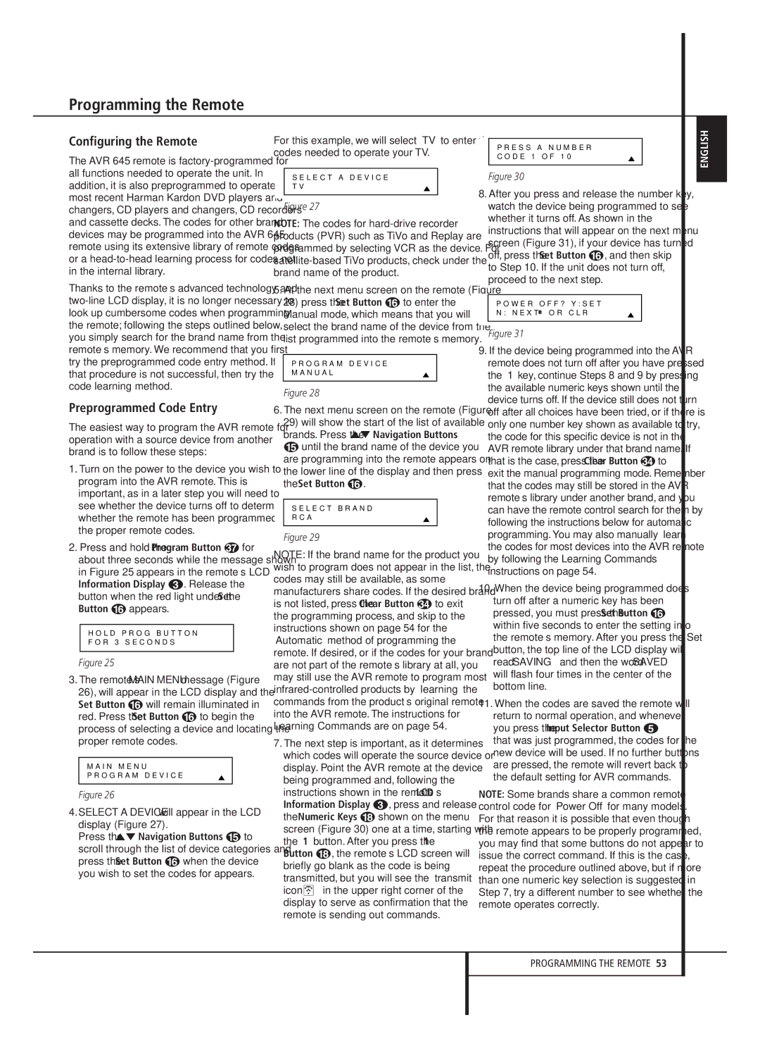 Harman-Kardon AVR 645 owner manual Configuring the Remote, Preprogrammed Code Entry, For, Button F appears 