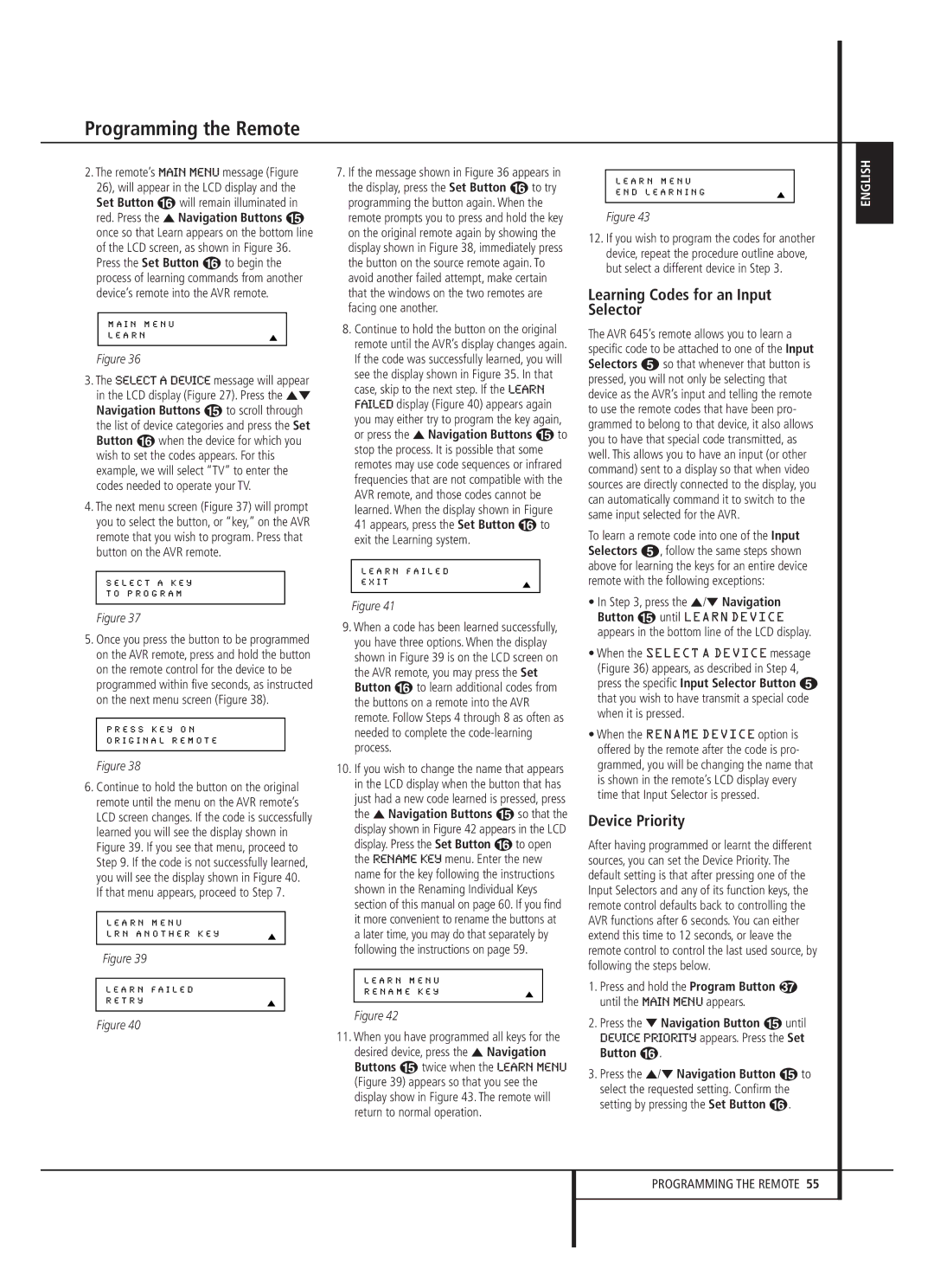 Harman-Kardon AVR 645 Learning Codes for an Input Selector, Device Priority, Press the ¤ Navigation Button E until 