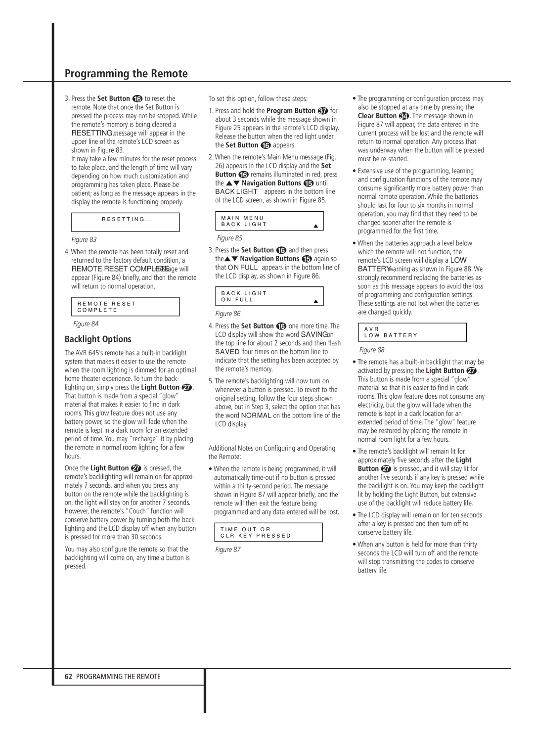 Harman-Kardon AVR 645 owner manual Backlight Options, Additional Notes on Configuring and Operating the Remote 