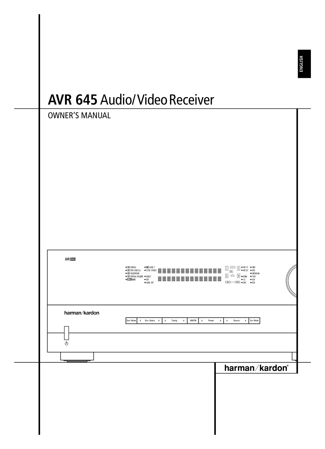 Harman-Kardon owner manual English, AVR 645 Audio/ Video Receiver, Owner’S Manual 