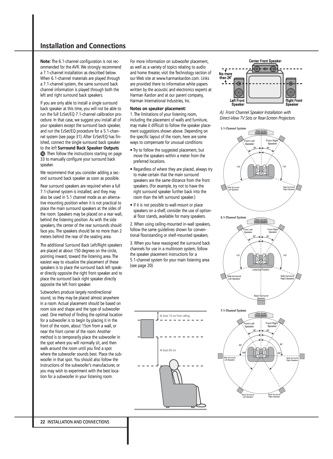 Harman-Kardon AVR 645 owner manual Notes on speaker placement, Installation and Connections 