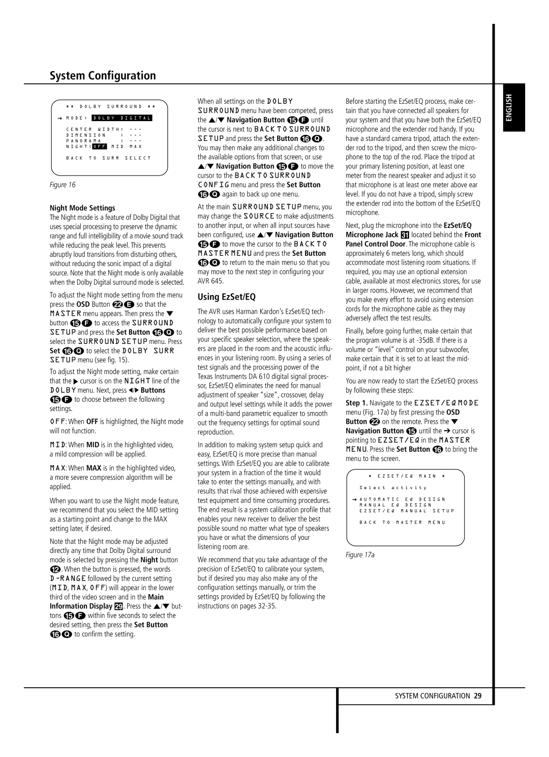 Harman-Kardon AVR 645 owner manual Using EzSet/EQ, Night Mode Settings, System Configuration, Figure, English 