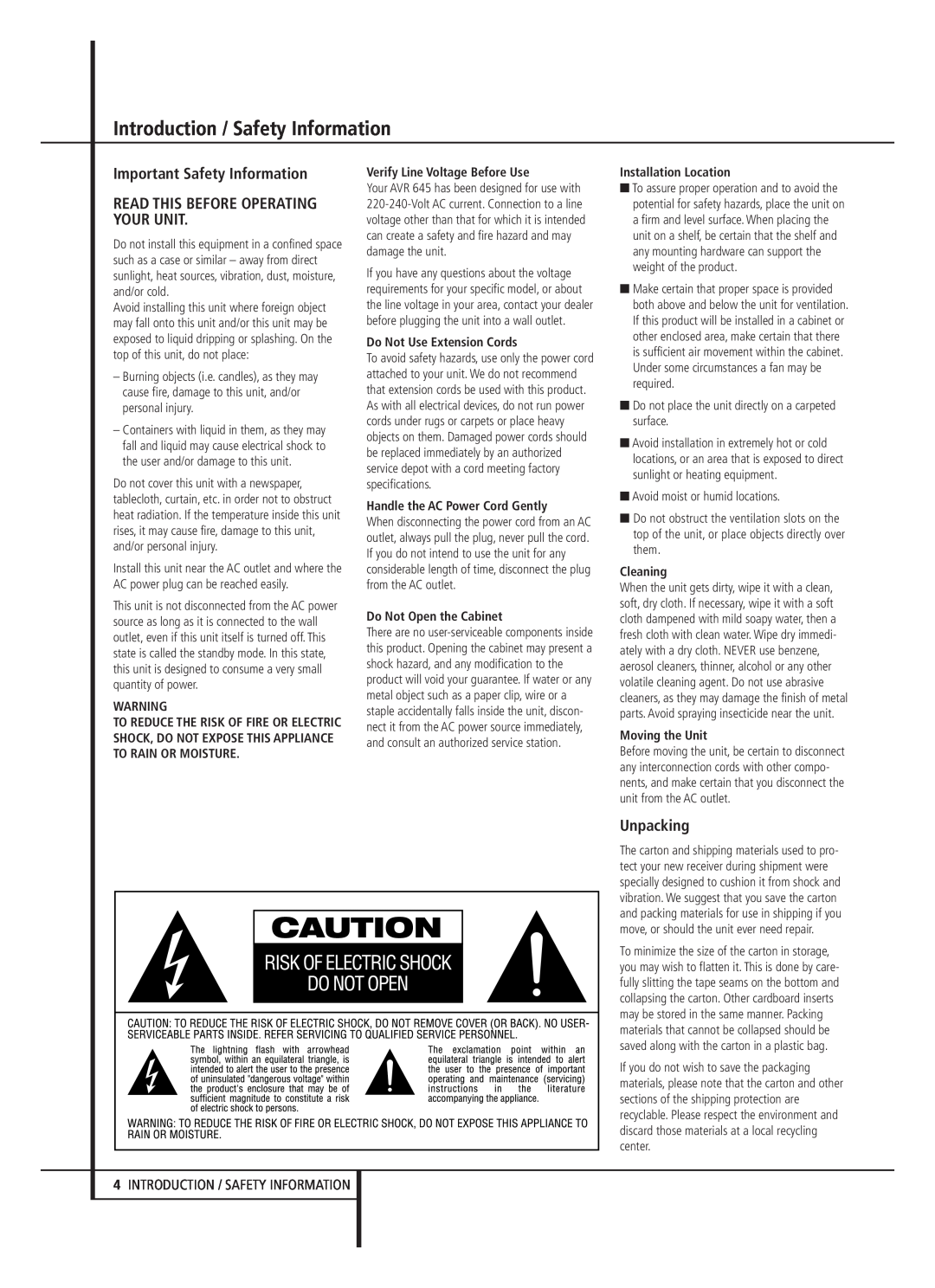 Harman-Kardon AVR 645 Introduction / Safety Information, Important Safety Information, Unpacking, Do Not Open the Cabinet 
