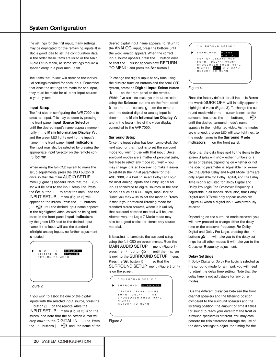 Harman-Kardon AVR 7000 owner manual Input Setup, Surround Setup, Delay Settings 