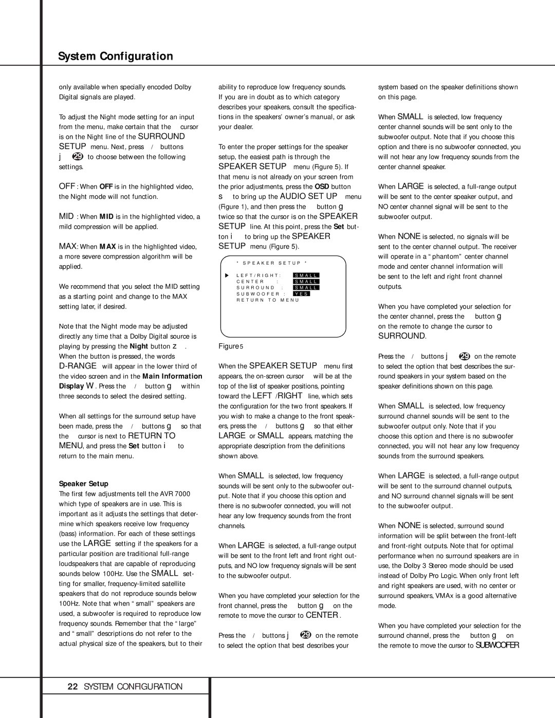 Harman-Kardon AVR 7000 owner manual To choose between the following settings, Speaker Setup 