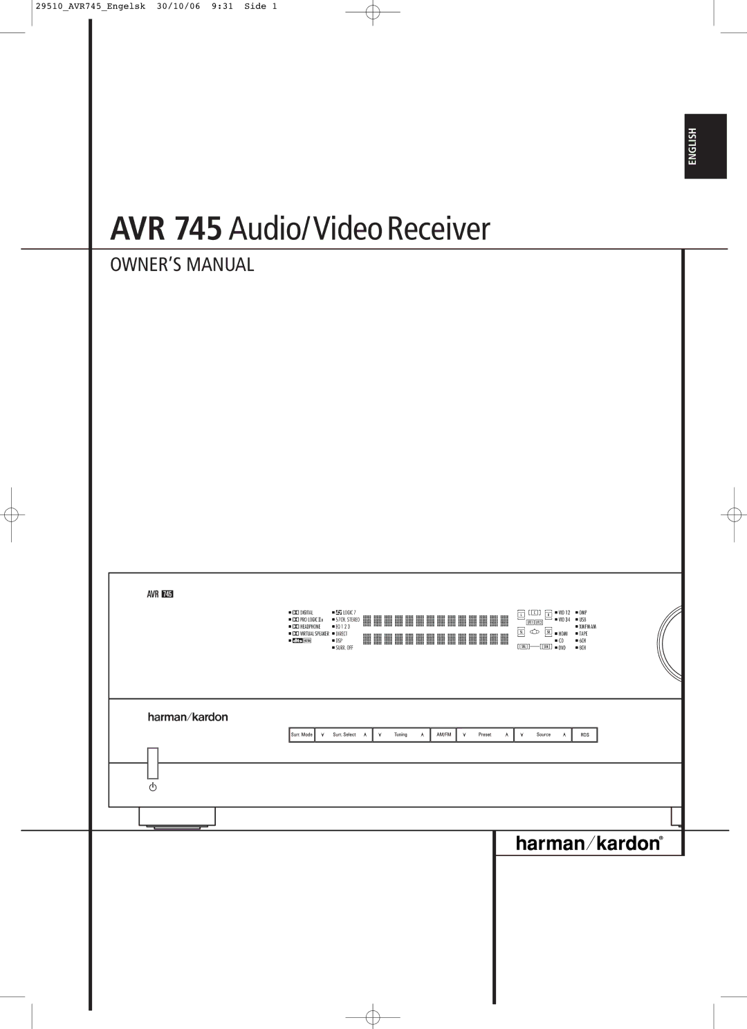 Harman-Kardon owner manual AVR 745 Audio/ Video Receiver 