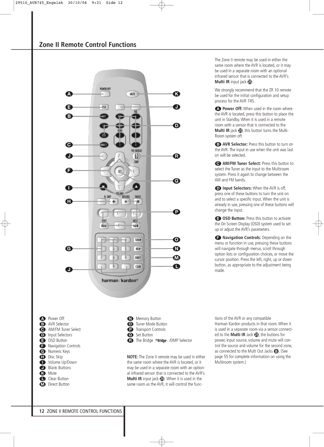 Harman-Kardon AVR 745 owner manual Zone II Remote Control Functions, Power Off B AVR Selector,  The Bridge /DMP Selector 