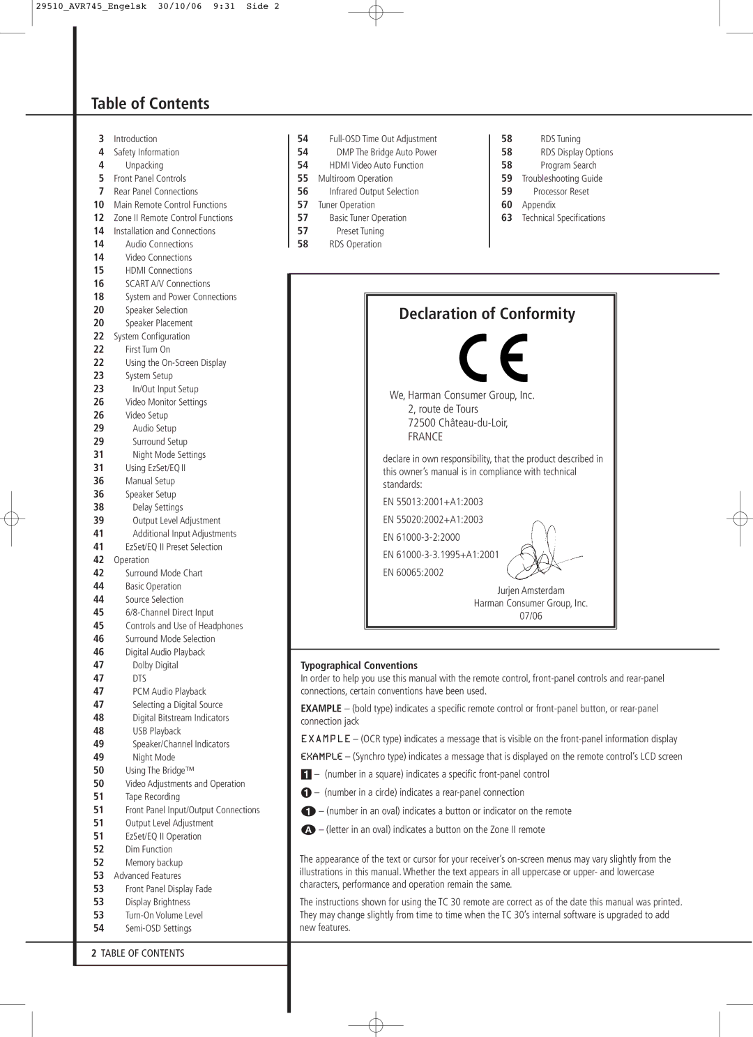 Harman-Kardon AVR 745 owner manual Table of Contents, Declaration of Conformity 