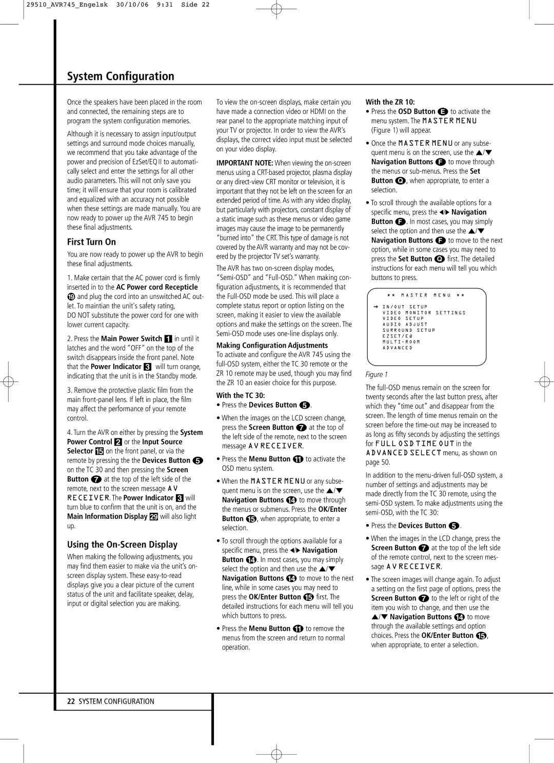 Harman-Kardon AVR 745 owner manual System Configuration, First Turn On, Using the On-Screen Display 