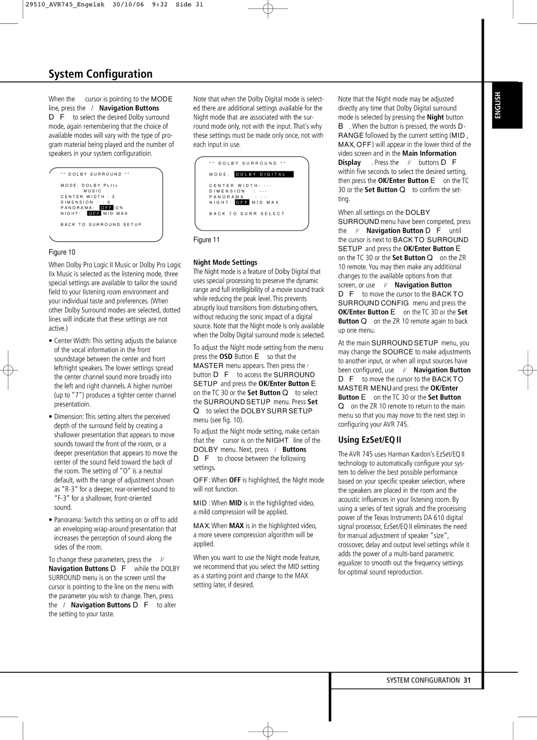 Harman-Kardon AVR 745 owner manual Using EzSet/EQ, Night Mode Settings 