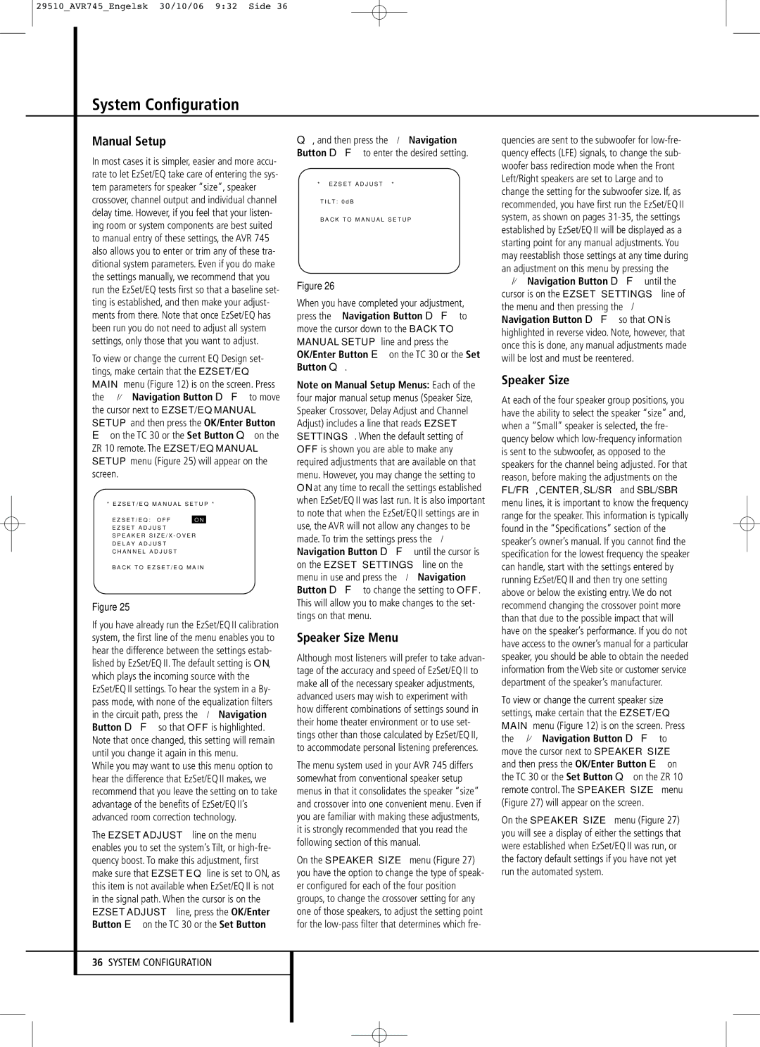 Harman-Kardon AVR 745 owner manual Manual Setup, Speaker Size Menu 