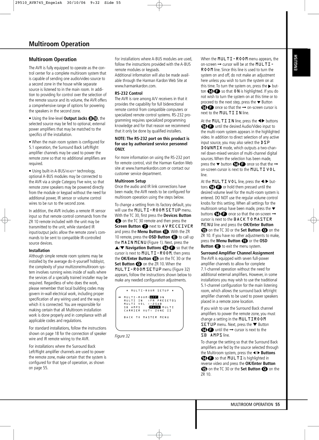 Harman-Kardon AVR 745 owner manual Multiroom Operation, Installation, RS-232 Control, Multiroom Setup 