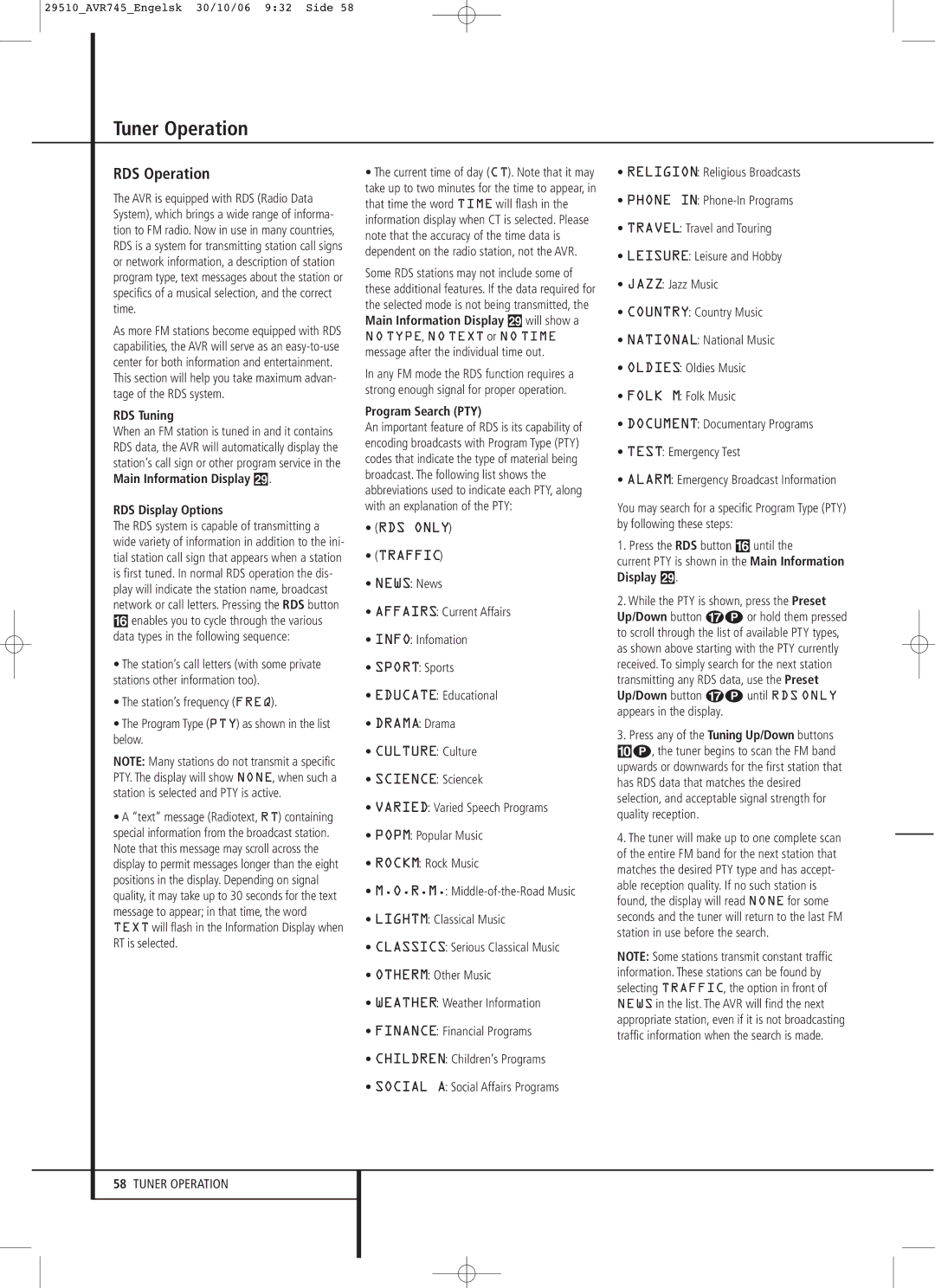 Harman-Kardon AVR 745 owner manual RDS Operation, RDS Tuning, RDS Display Options, Message after the individual time out 