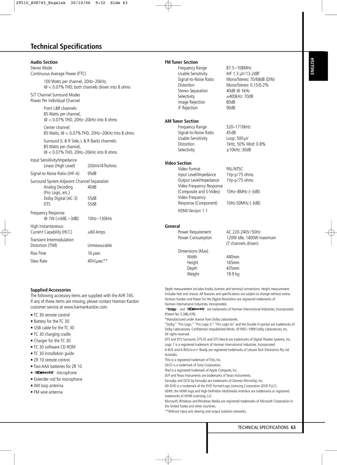 Harman-Kardon AVR 745 owner manual Technical Specifications 