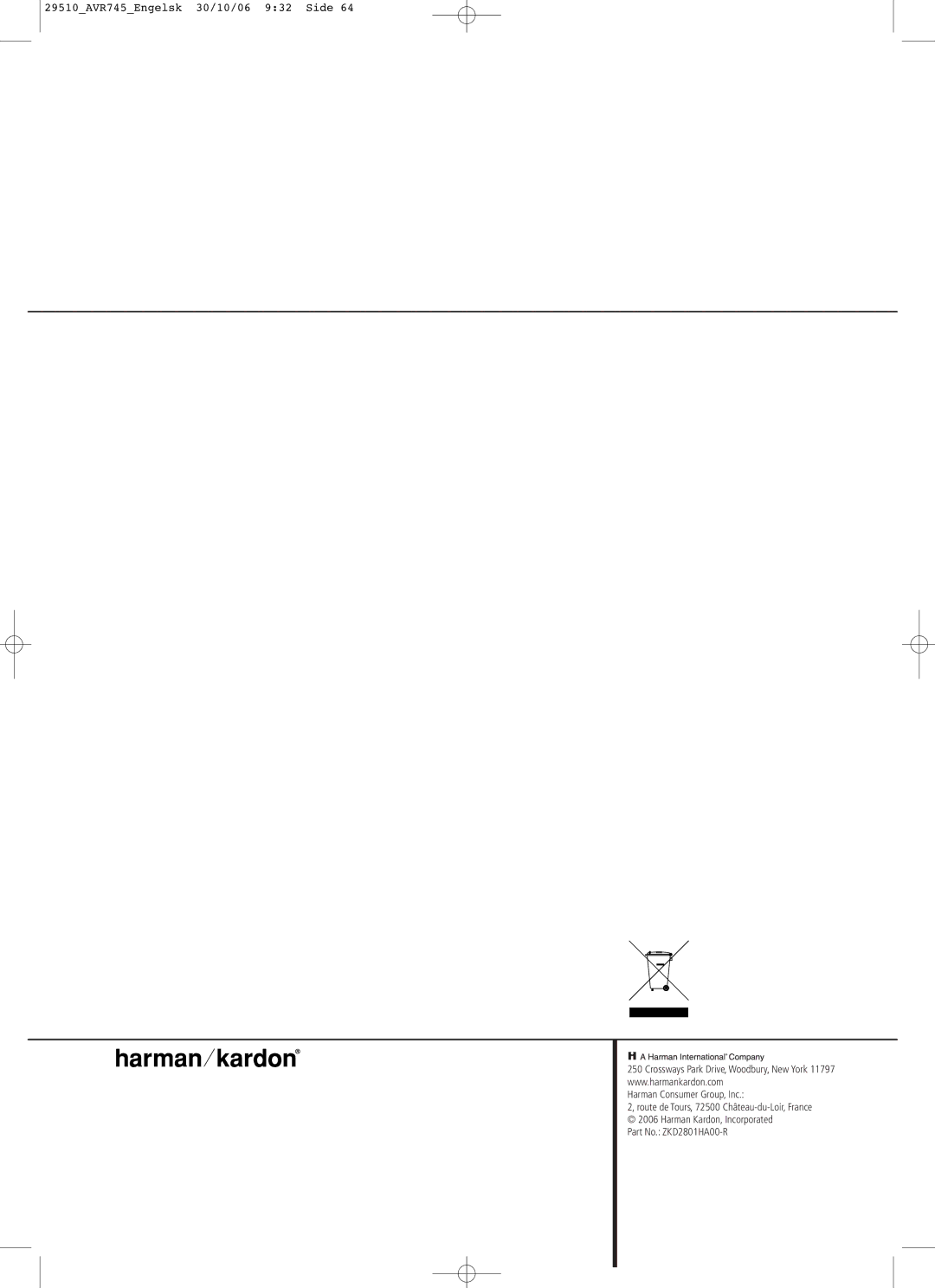 Harman-Kardon AVR 745 owner manual Harman Consumer Group, Inc 