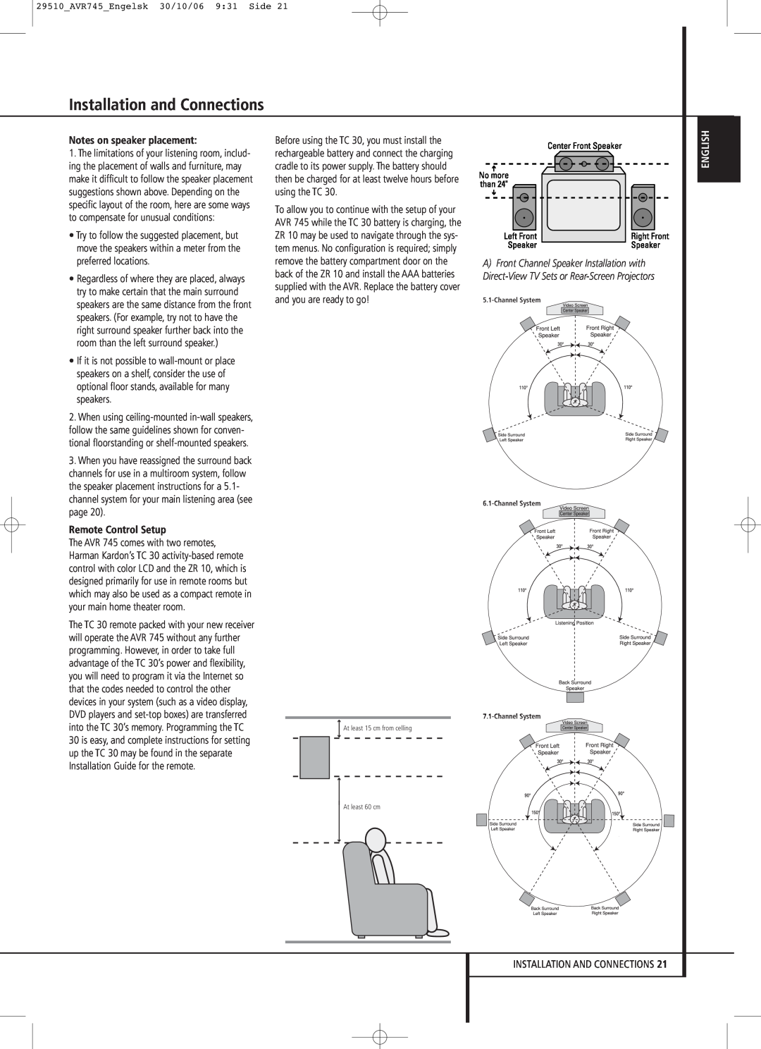 Harman-Kardon AVR 745 owner manual Notes on speaker placement, Remote Control Setup, Installation and Connections, English 