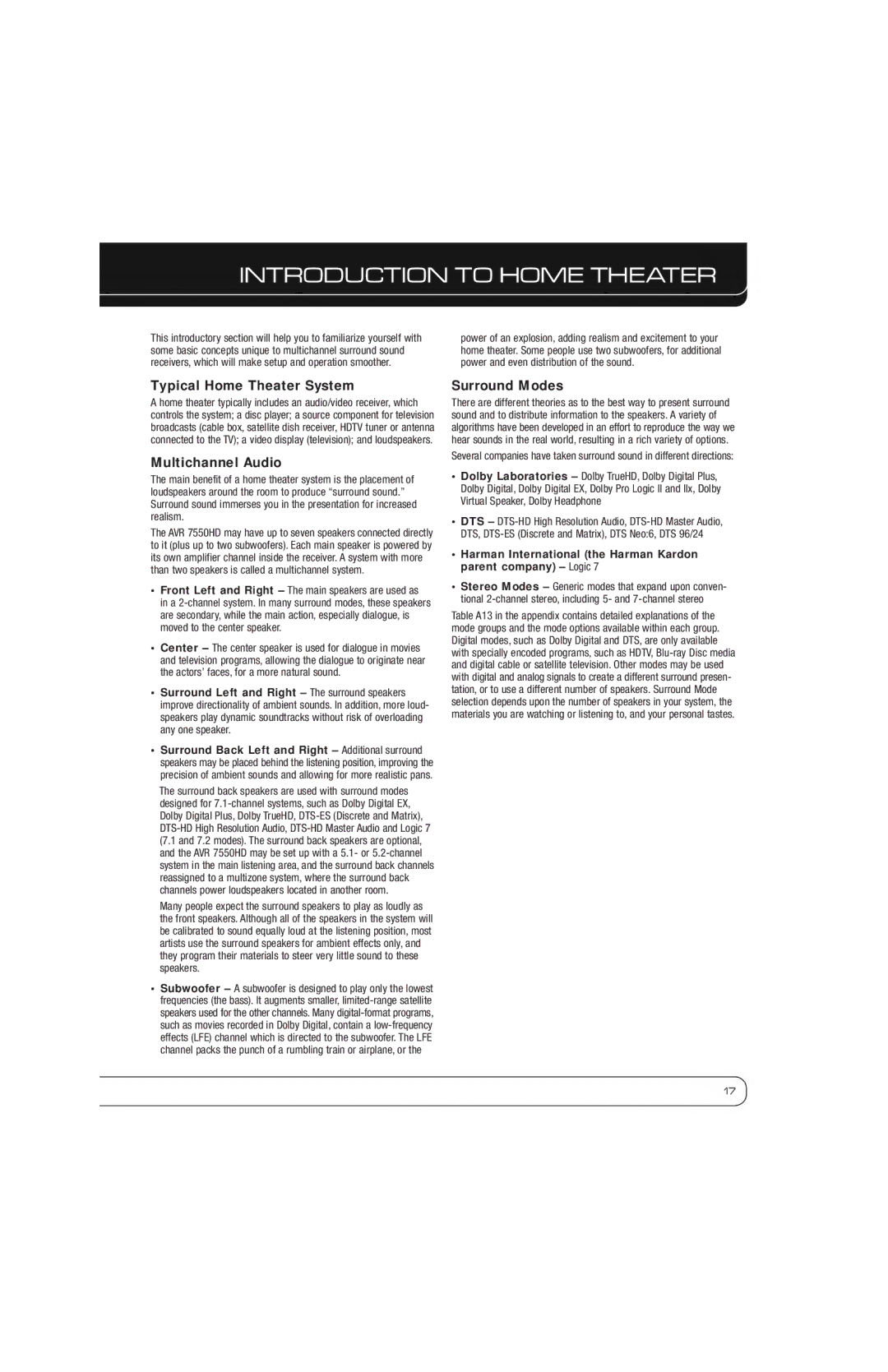 Harman-Kardon AVR 7550HD owner manual Introduction to Home Theater, Typical Home Theater System, Multichannel Audio 