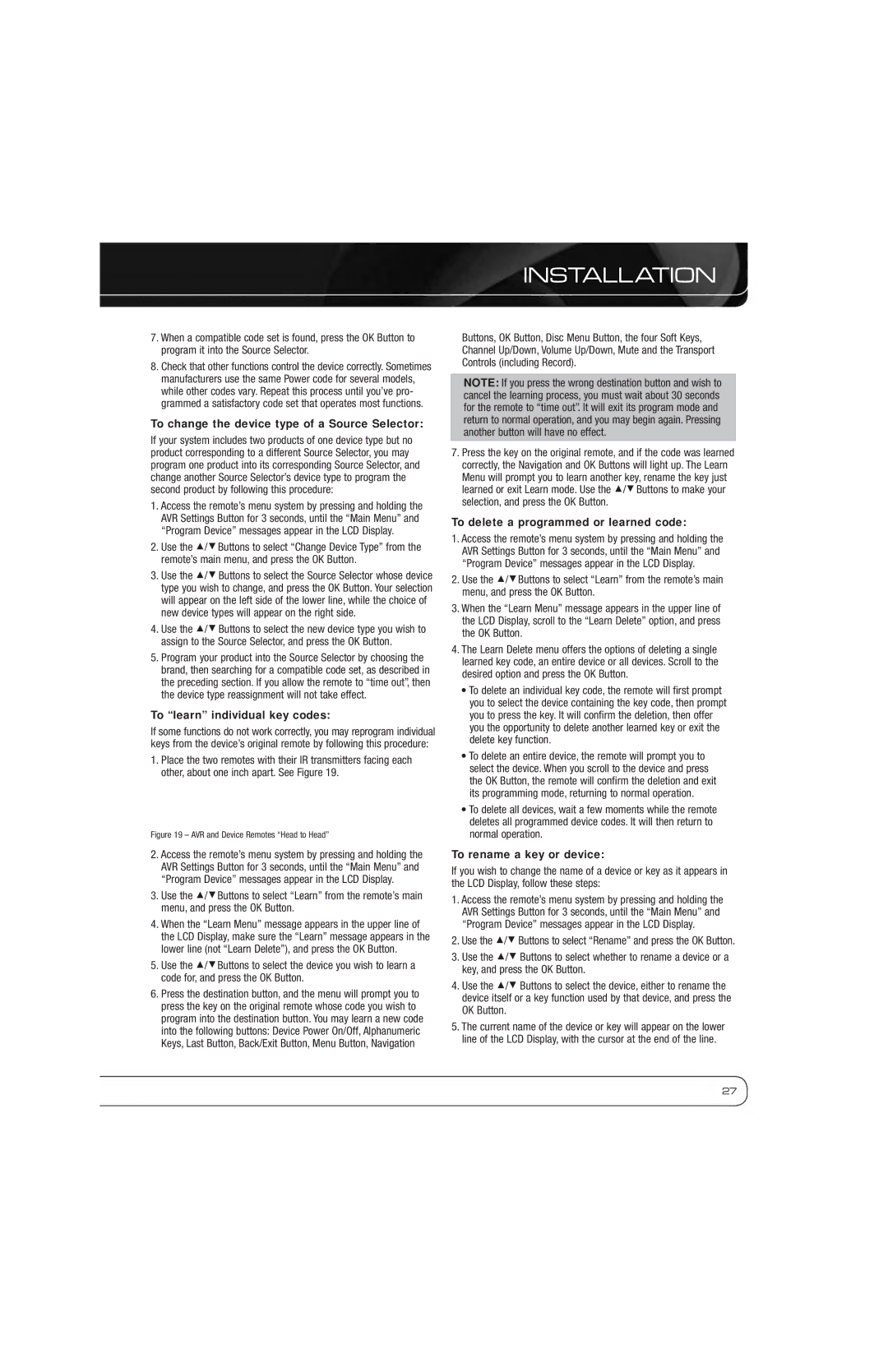 Harman-Kardon AVR 7550HD owner manual To change the device type of a Source Selector, To learn individual key codes 