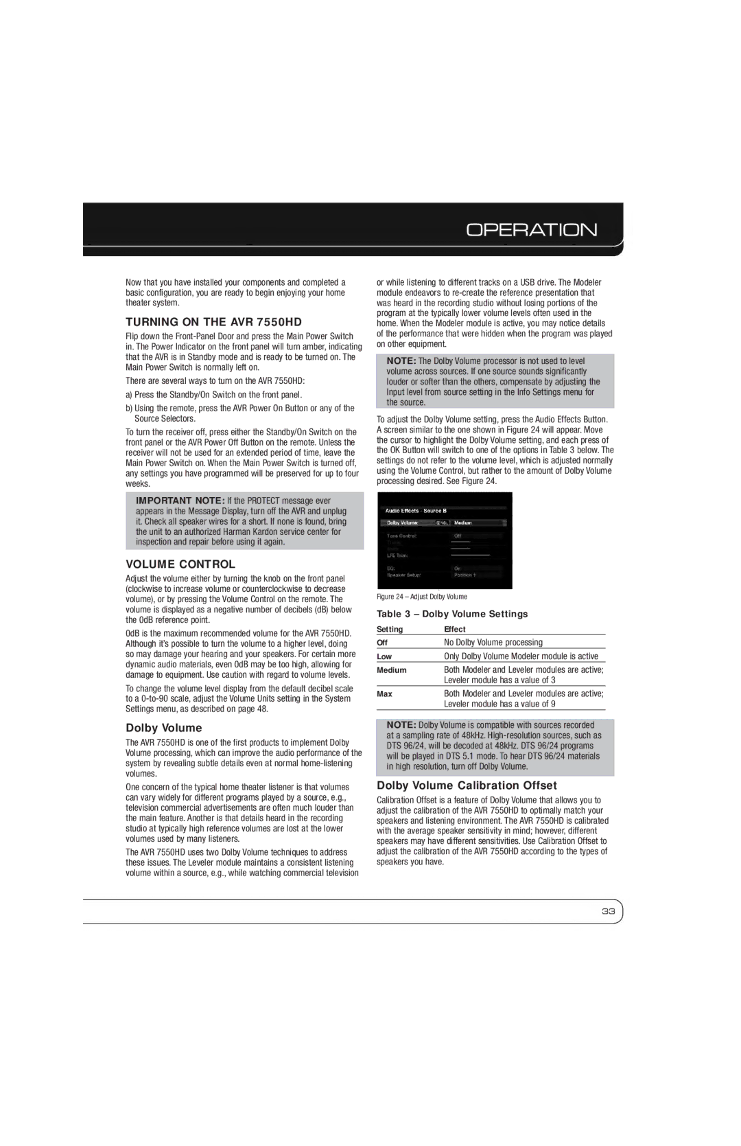 Harman-Kardon owner manual Operation, Turning on the AVR 7550HD, Volume Control, Dolby Volume Calibration Offset 