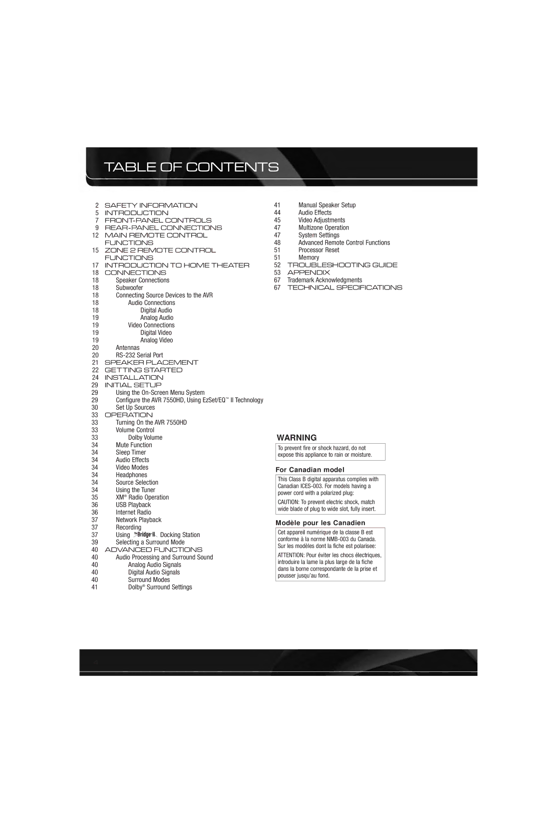 Harman-Kardon AVR 7550HD owner manual Table of Contents 