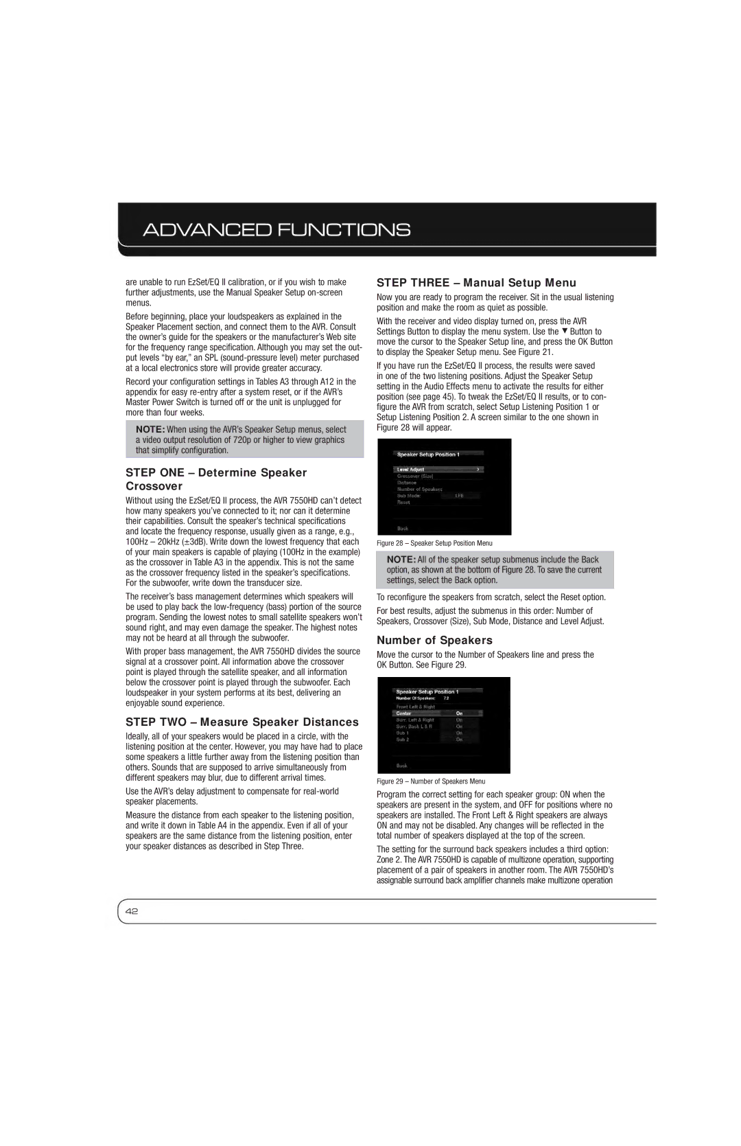 Harman-Kardon AVR 7550HD Step ONE Determine Speaker Crossover, Step TWO Measure Speaker Distances, Number of Speakers 