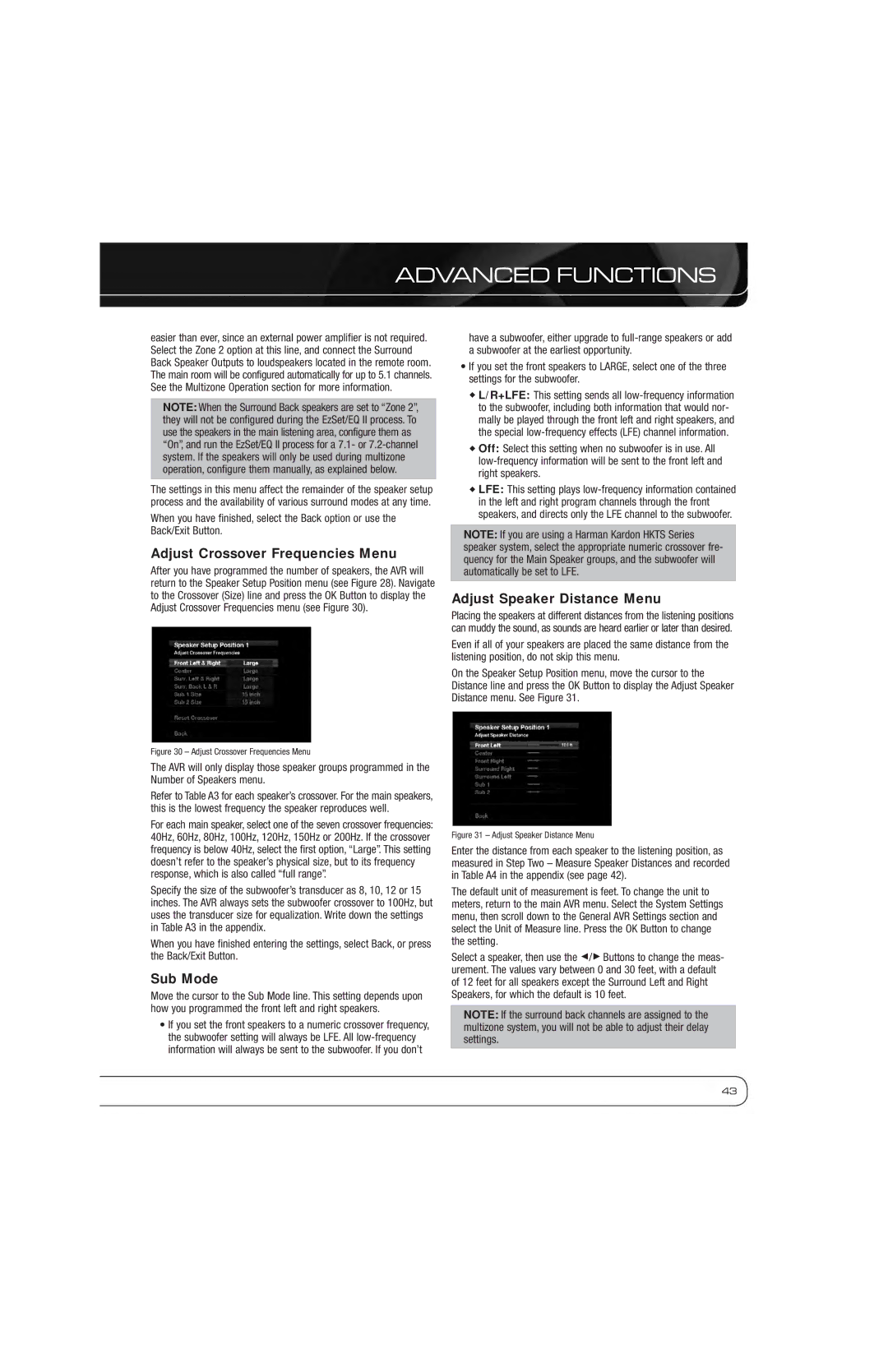 Harman-Kardon AVR 7550HD owner manual Adjust Crossover Frequencies Menu, Adjust Speaker Distance Menu, Sub Mode 