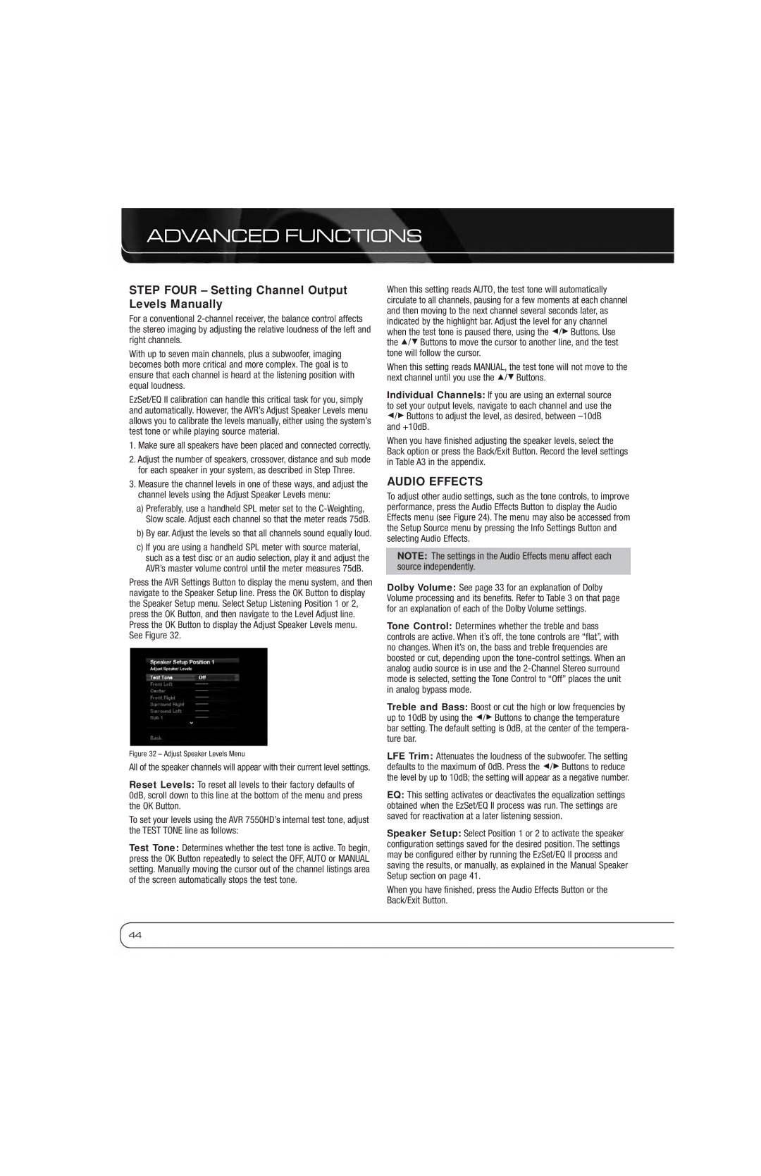 Harman-Kardon AVR 7550HD owner manual Step Four Setting Channel Output Levels Manually, Audio Effects 