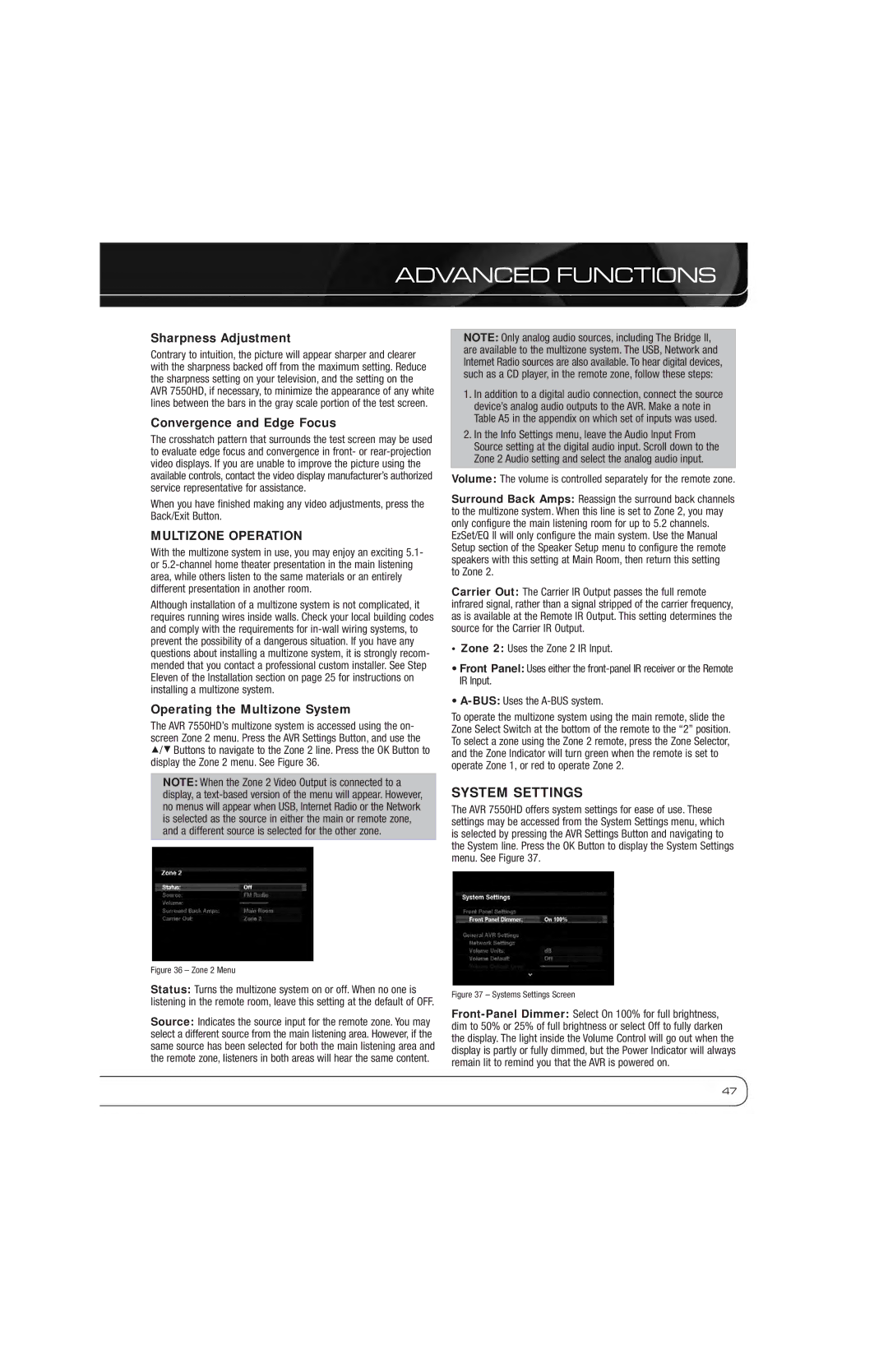 Harman-Kardon AVR 7550HD owner manual System Settings, Sharpness Adjustment 