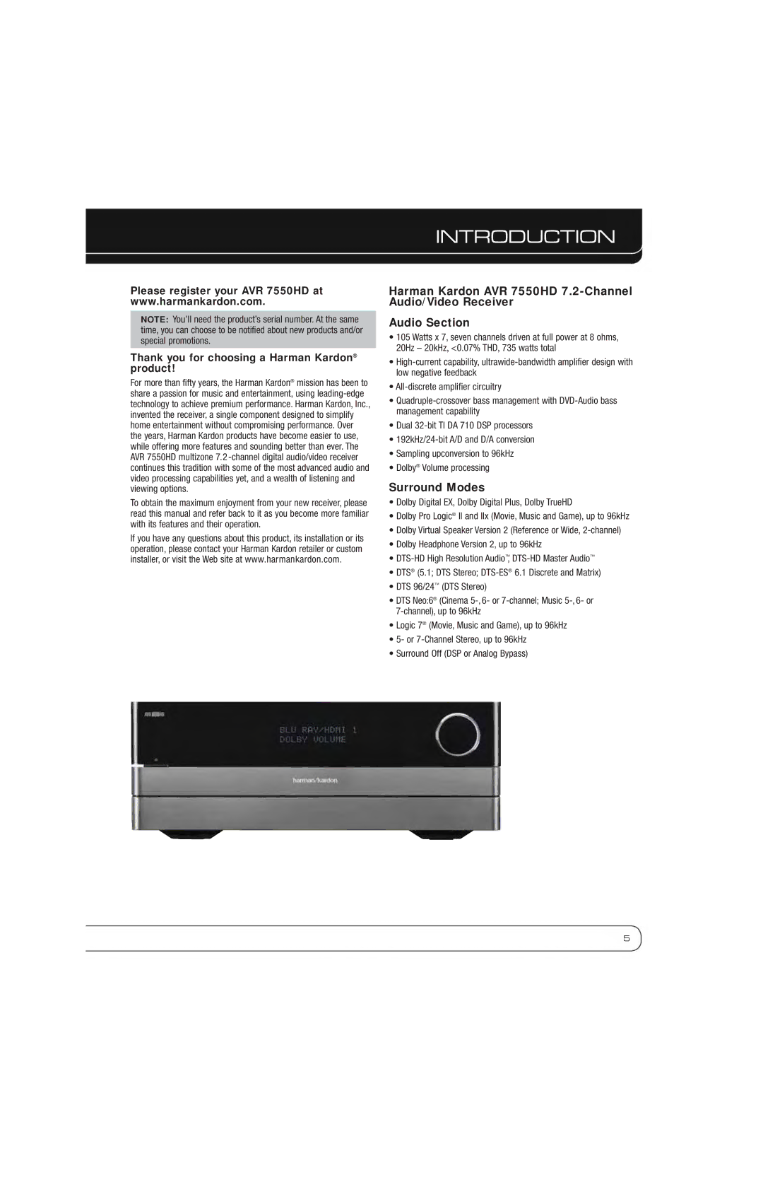 Harman-Kardon AVR 7550HD owner manual Introduction, Surround Modes 