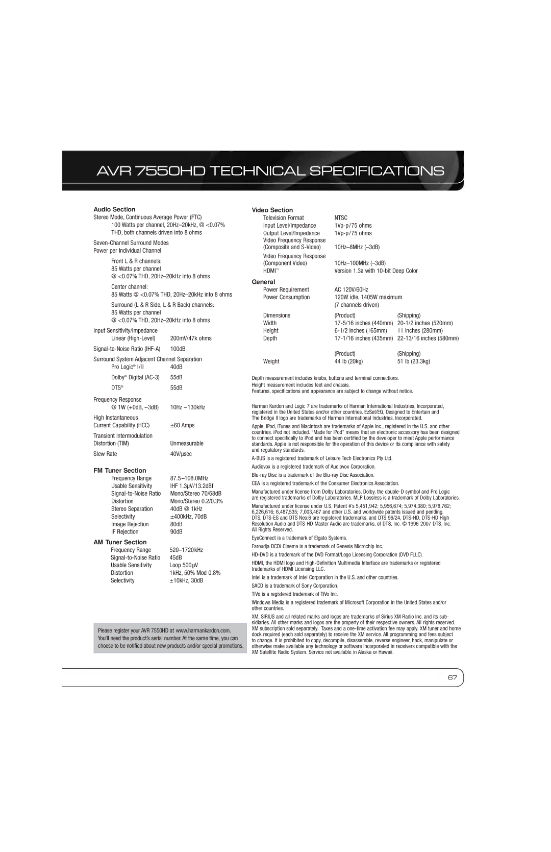 Harman-Kardon owner manual AVR 7550HD Technical Specifications, Audio Section 