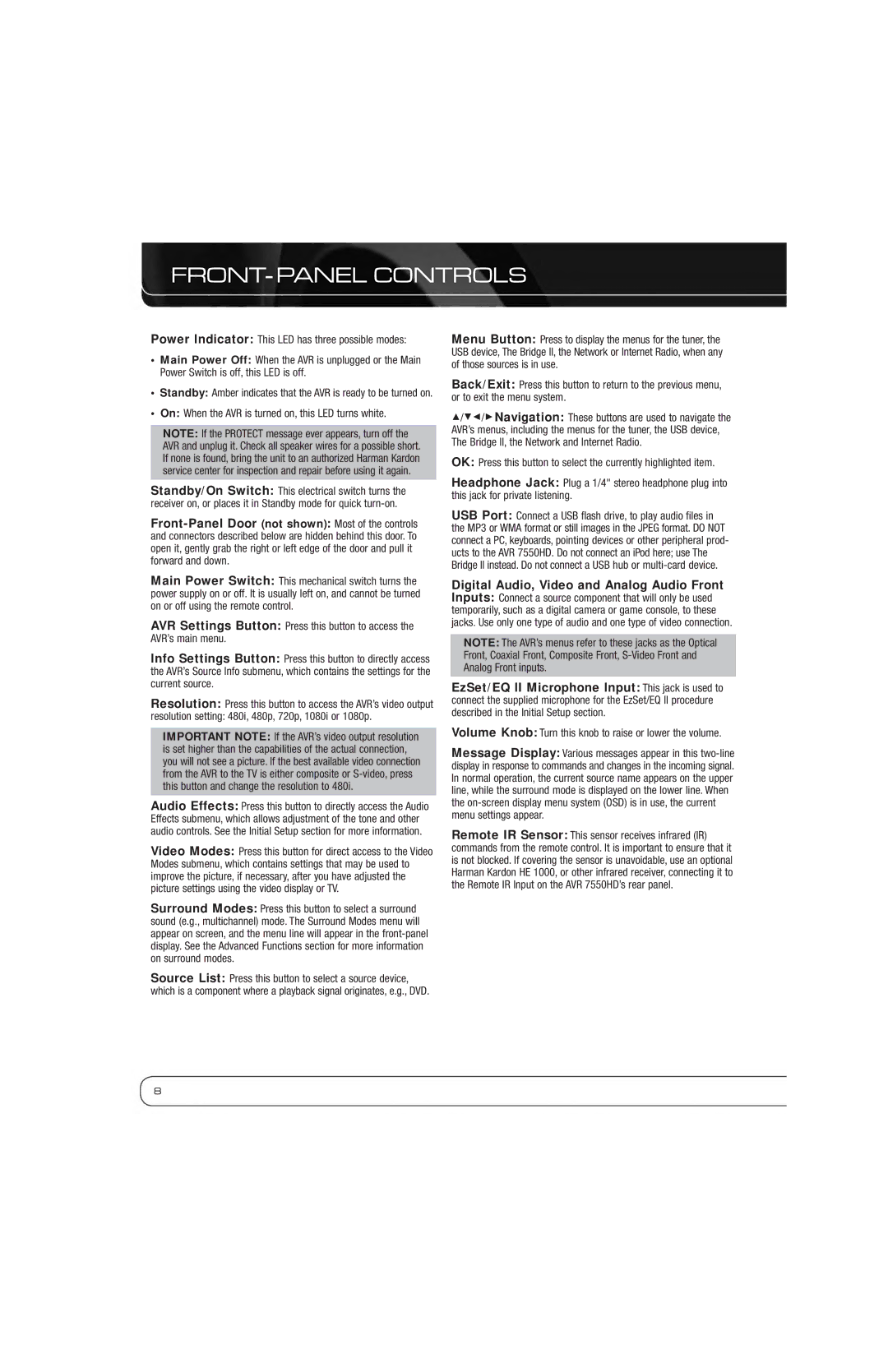 Harman-Kardon AVR 7550HD owner manual On When the AVR is turned on, this LED turns white 