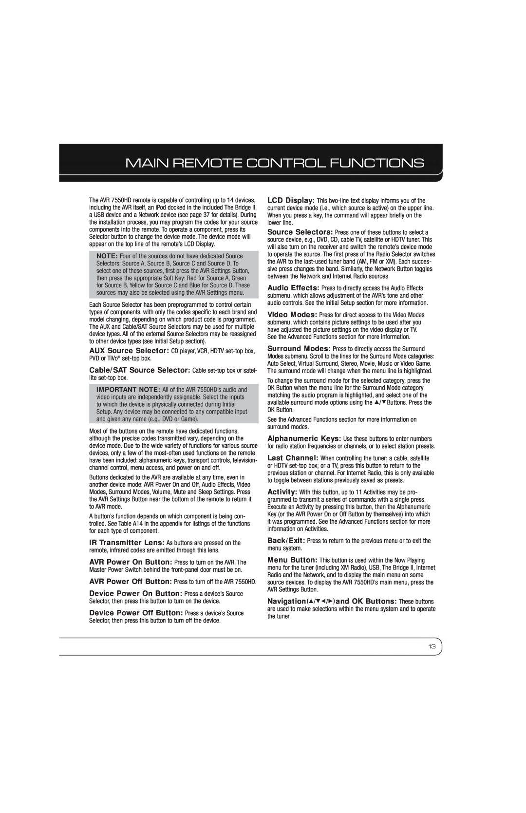 Harman-Kardon AVR 7550HD owner manual Main Remote Control Functions 