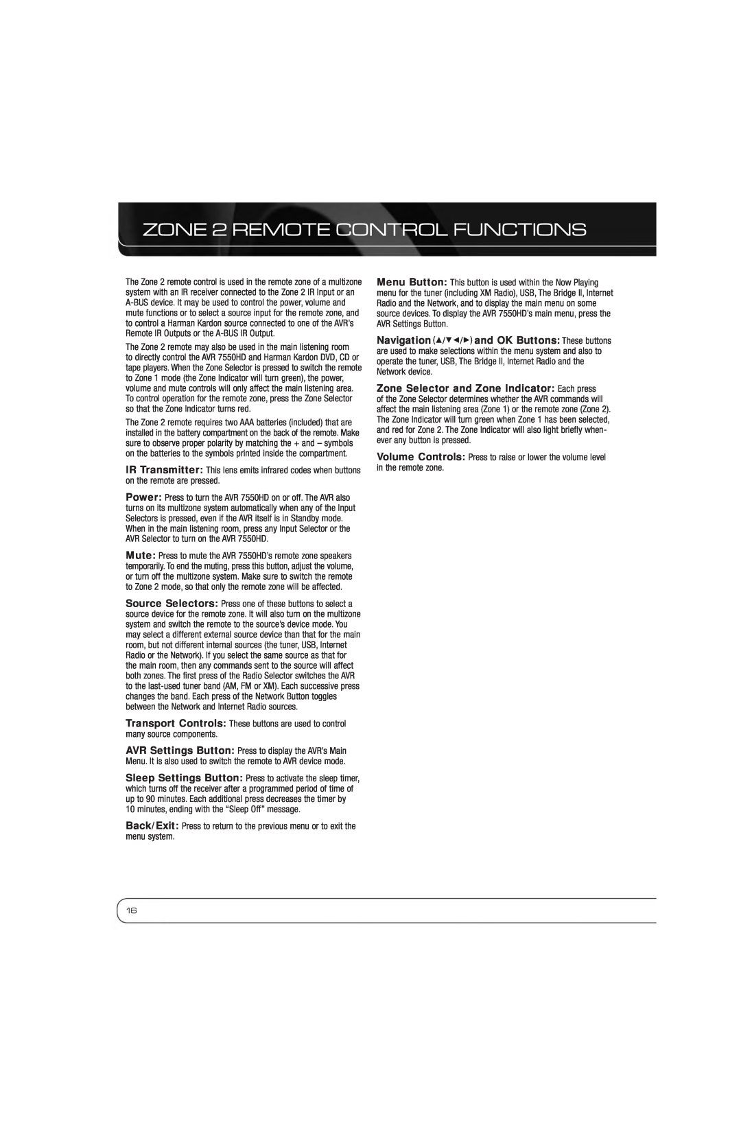 Harman-Kardon AVR 7550HD owner manual ZONE 2 REMOTE CONTROL FUNCTIONS 