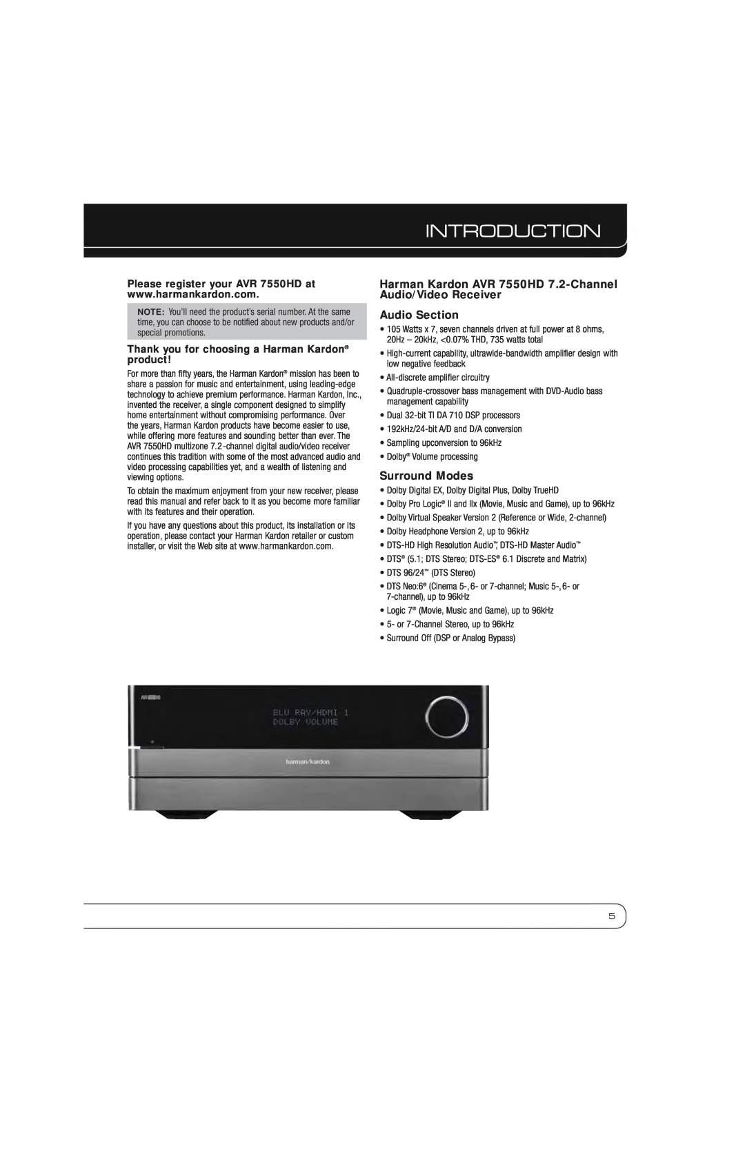Harman-Kardon AVR 7550HD Introduction, Audio Section, Surround Modes, Thank you for choosing a Harman Kardon product 