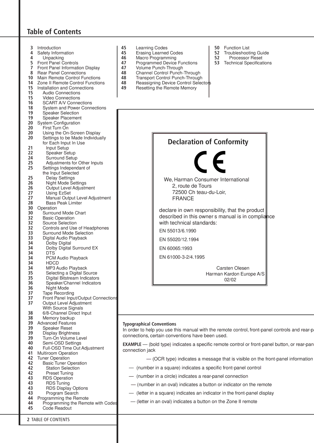 Harman-Kardon AVR 8500 owner manual Table of Contents, Declaration of Conformity 