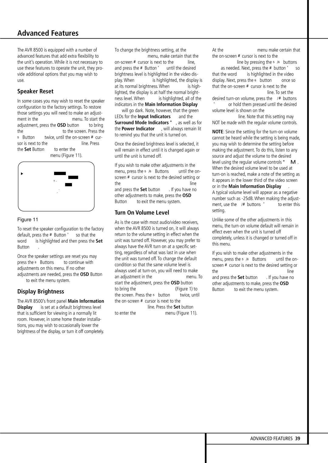 Harman-Kardon AVR 8500 owner manual Advanced Features, Speaker Reset, Display Brightness, Turn On Volume Level 