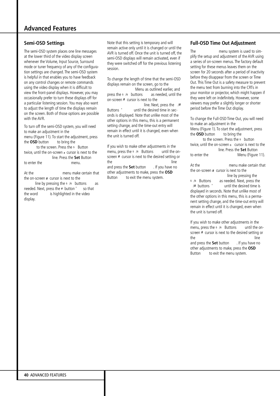 Harman-Kardon AVR 8500 owner manual Semi-OSD Settings, Full-OSD Time Out Adjustment 