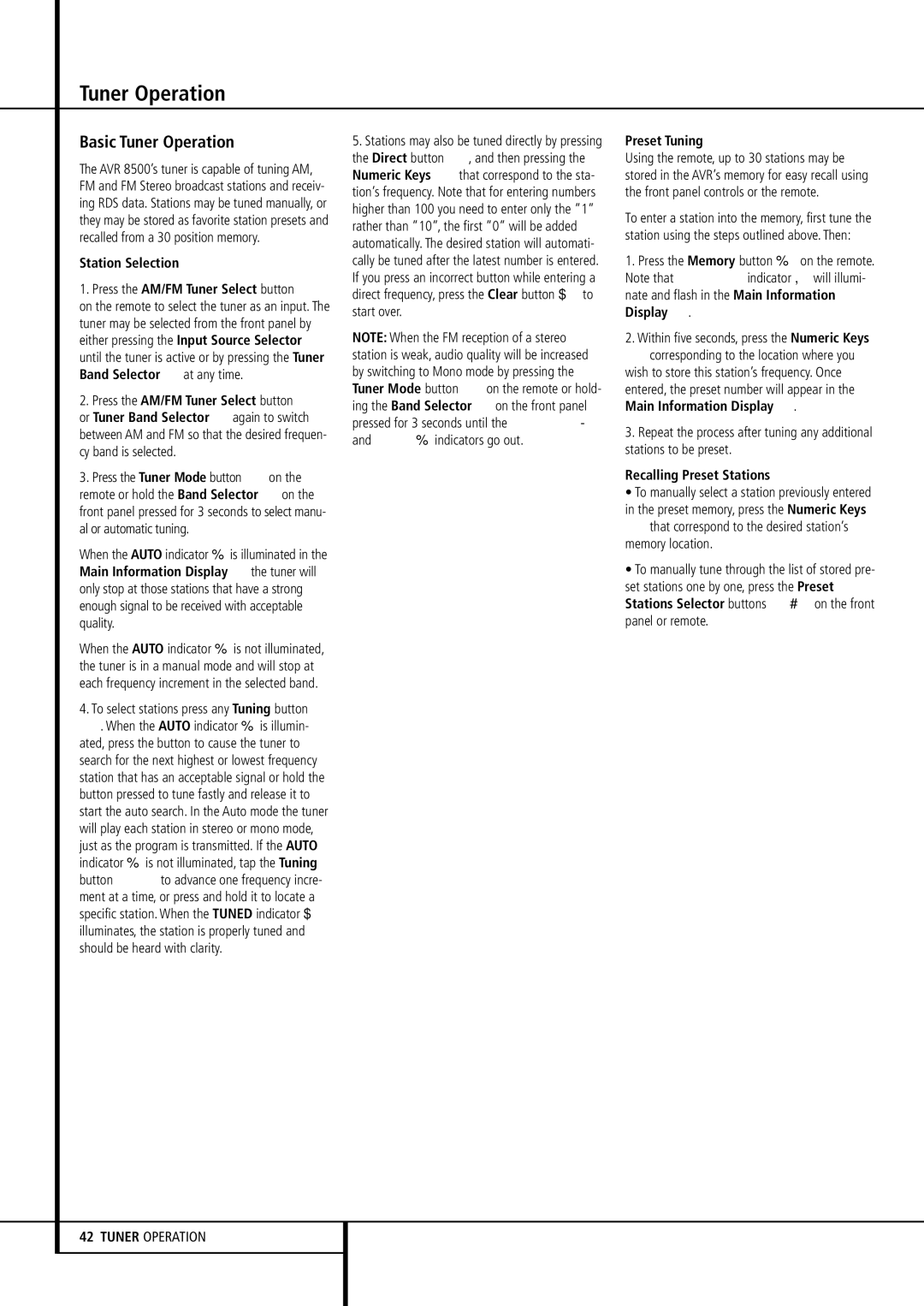 Harman-Kardon AVR 8500 owner manual Basic Tuner Operation 