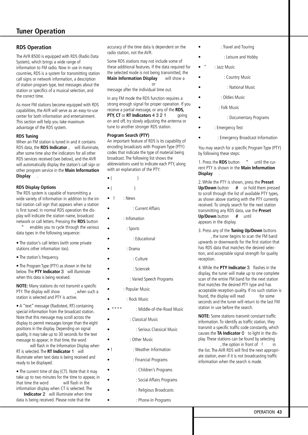 Harman-Kardon AVR 8500 owner manual RDS Operation 