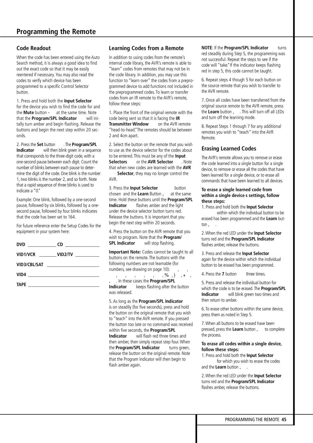 Harman-Kardon AVR 8500 Programming the Remote, Code Readout, Learning Codes from a Remote, Erasing Learned Codes 