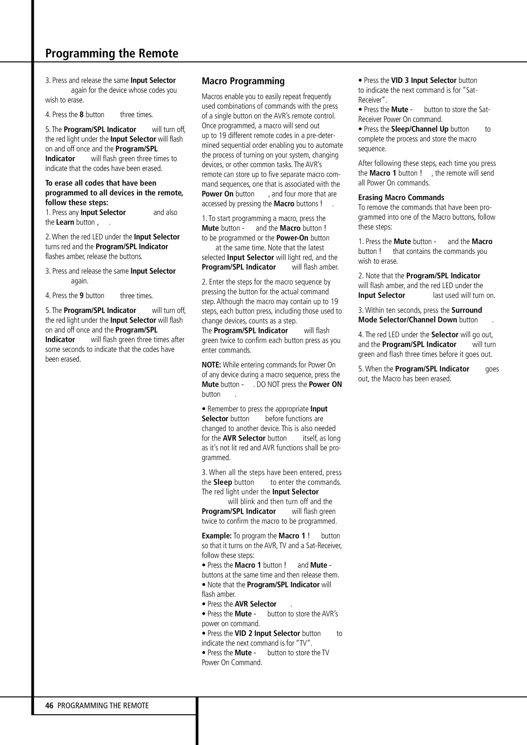 Harman-Kardon AVR 8500 owner manual Macro Programming, Press the AVR Selector, Erasing Macro Commands 