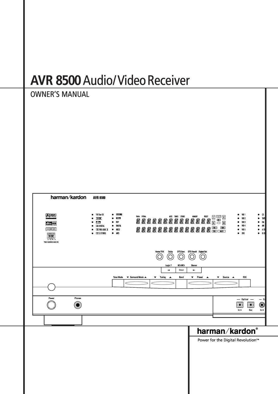 Harman-Kardon owner manual AVR 8500 Audio/ Video Receiver, Owner’S Manual 