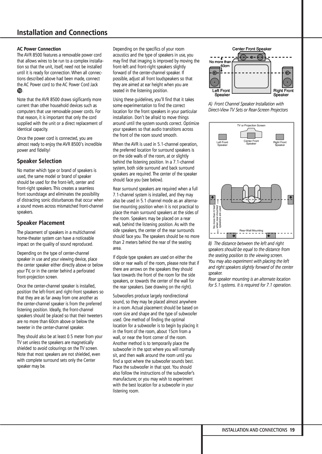 Harman-Kardon AVR 8500 owner manual Speaker Selection, Speaker Placement, Installation and Connections, AC Power Connection 