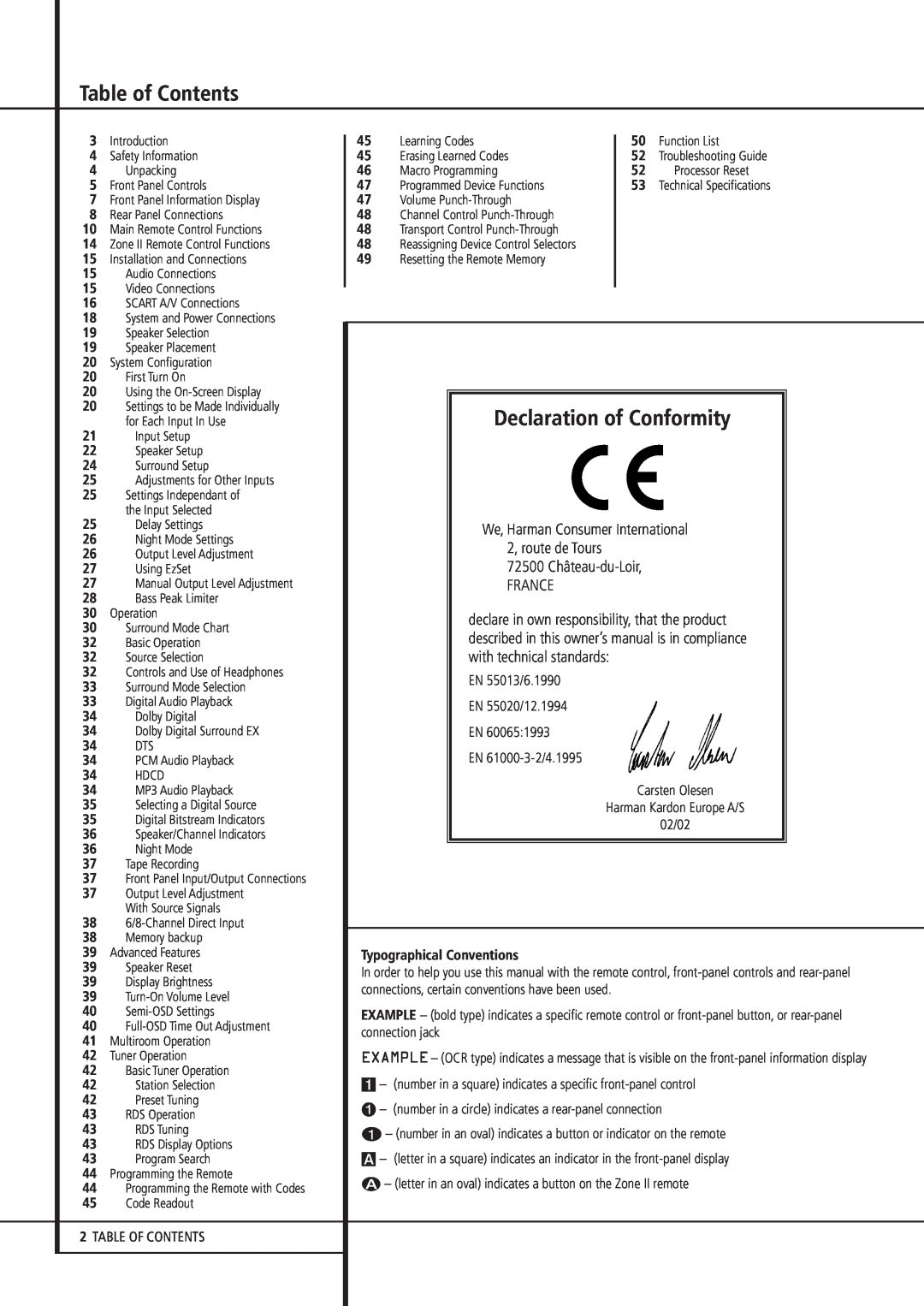 Harman-Kardon AVR 8500 owner manual Table of Contents, Declaration of Conformity, We, Harman Consumer International 