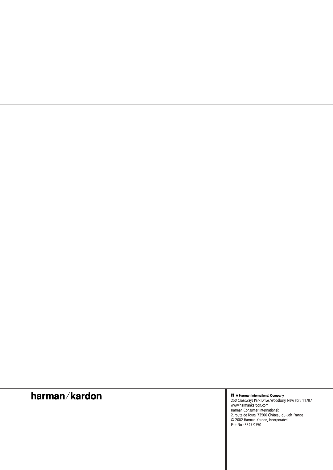 Harman-Kardon AVR 8500 owner manual Harman Consumer International, Part No.: 5527 