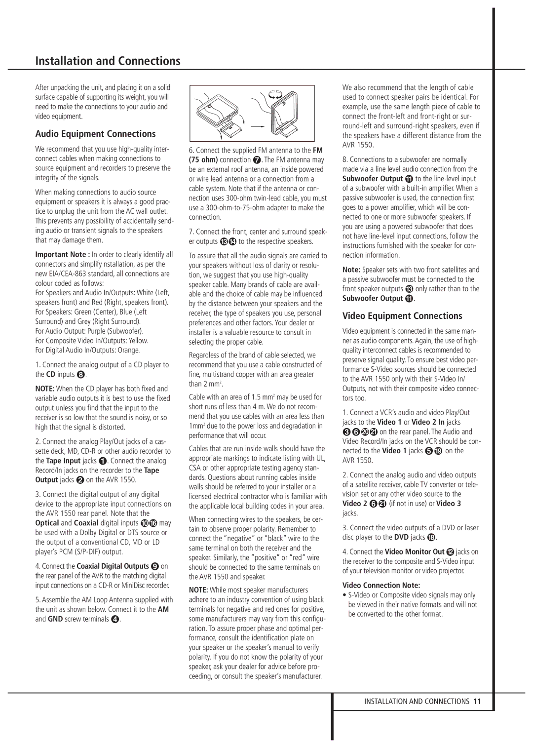 Harman-Kardon AVR1550 owner manual Installation and Connections, Audio Equipment Connections, Video Equipment Connections 