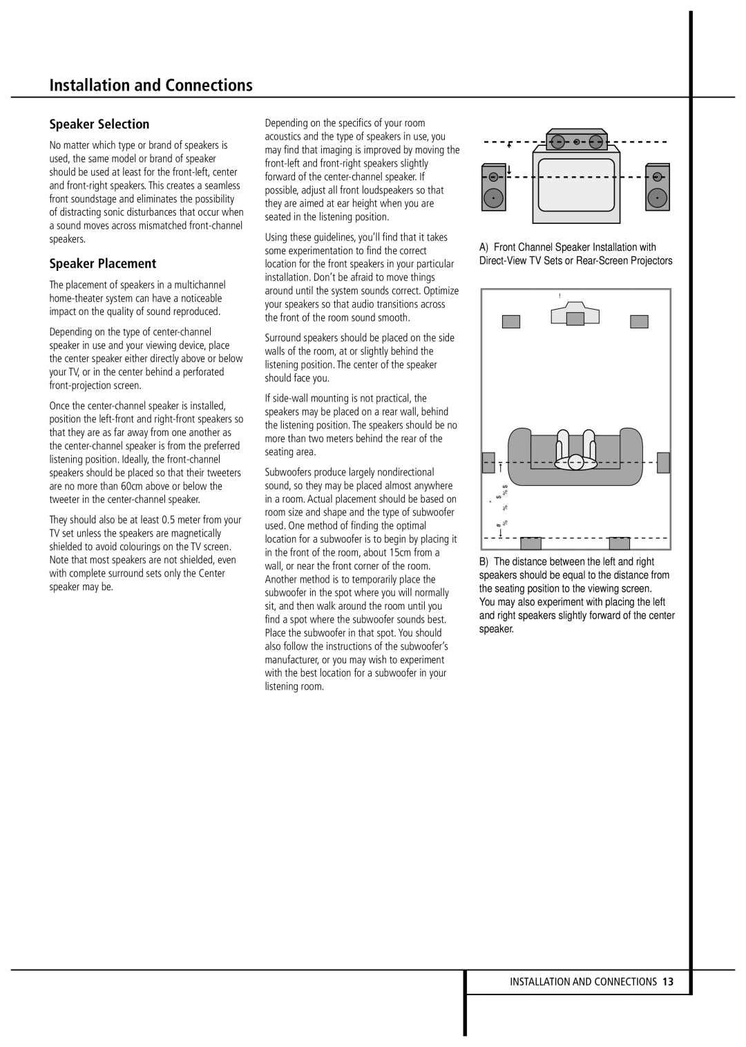 Harman-Kardon AVR1550 owner manual Speaker Selection, Speaker Placement 