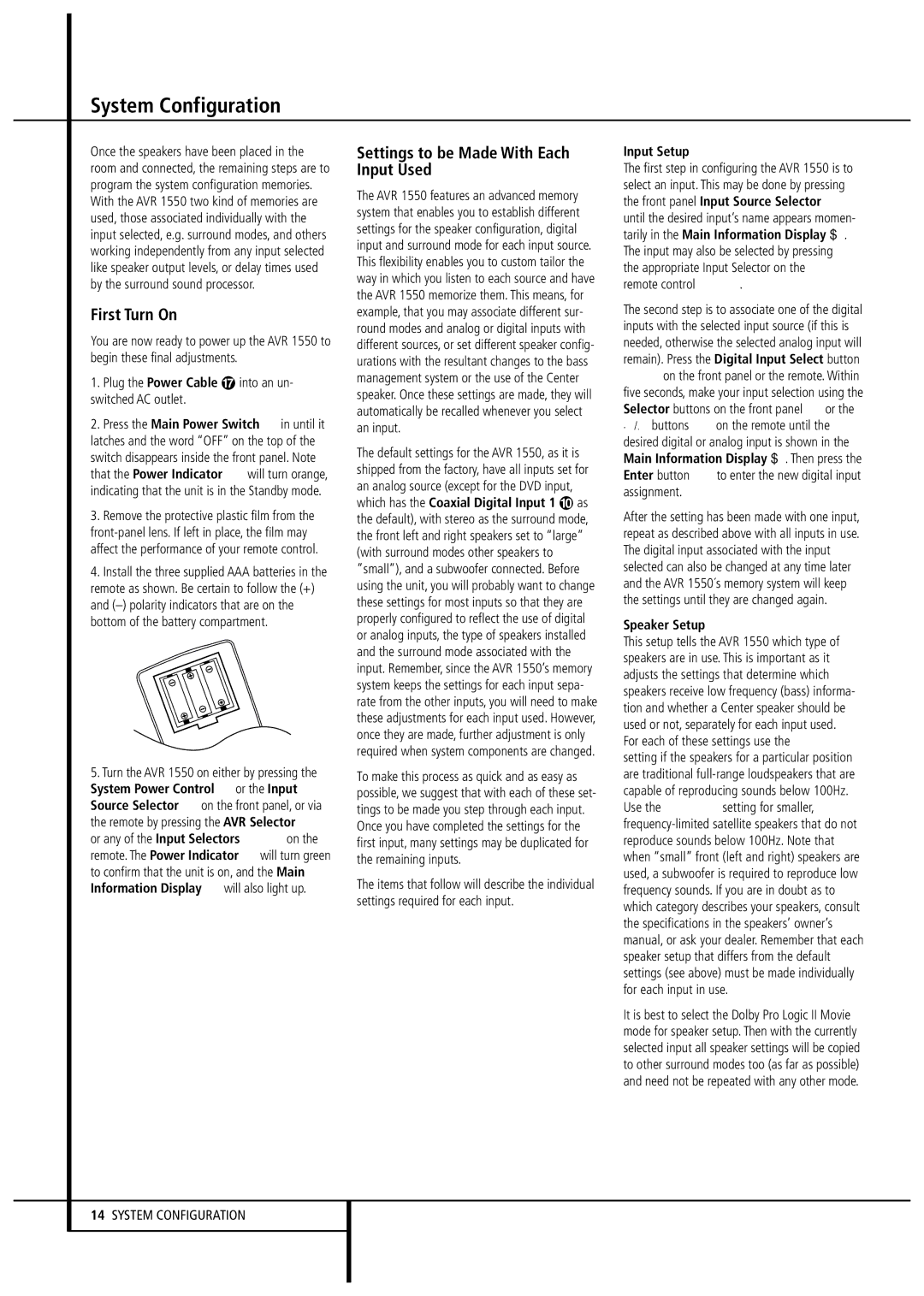 Harman-Kardon AVR1550 System Configuration, First Turn On, Settings to be Made With Each Input Used, Input Setup 