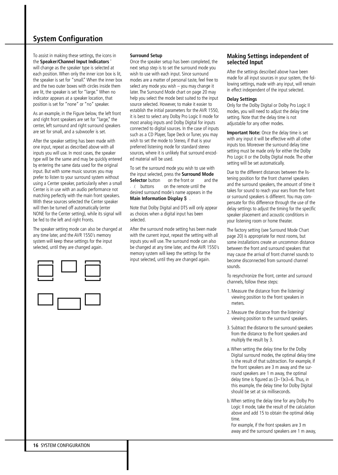 Harman-Kardon AVR1550 owner manual Surround Setup, Delay Settings 